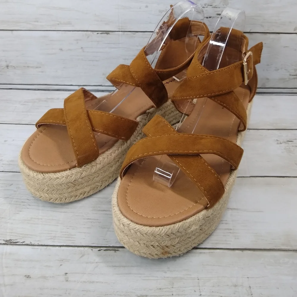Bonnibel Wmns 10 Brown Suede Leather Platform Espadrille Ankle Strap Sandals